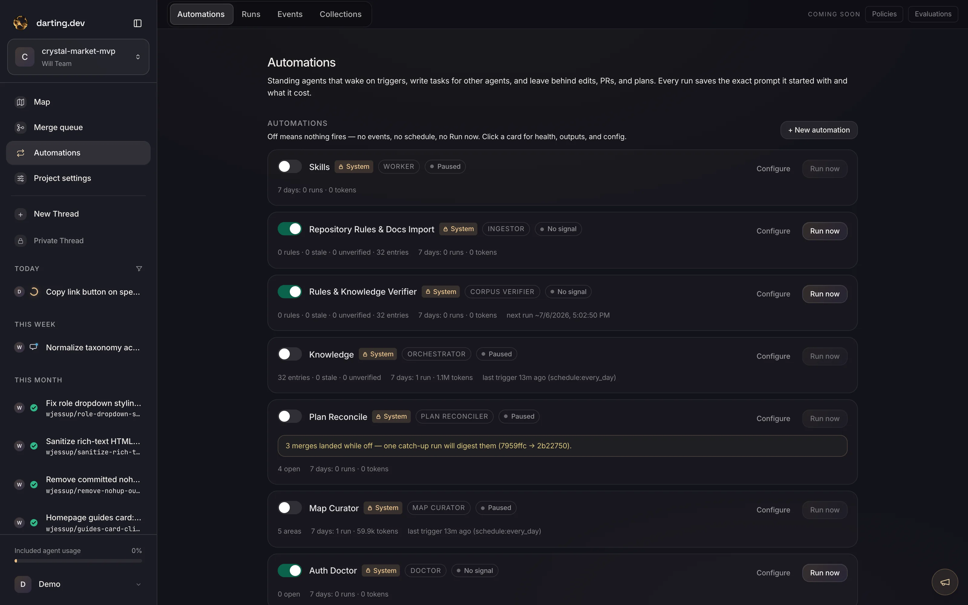 The Automations view: standing agents like Repository Rules Import, Rules & Knowledge Verifier, Map Curator, and Auth Doctor with run history and token costs