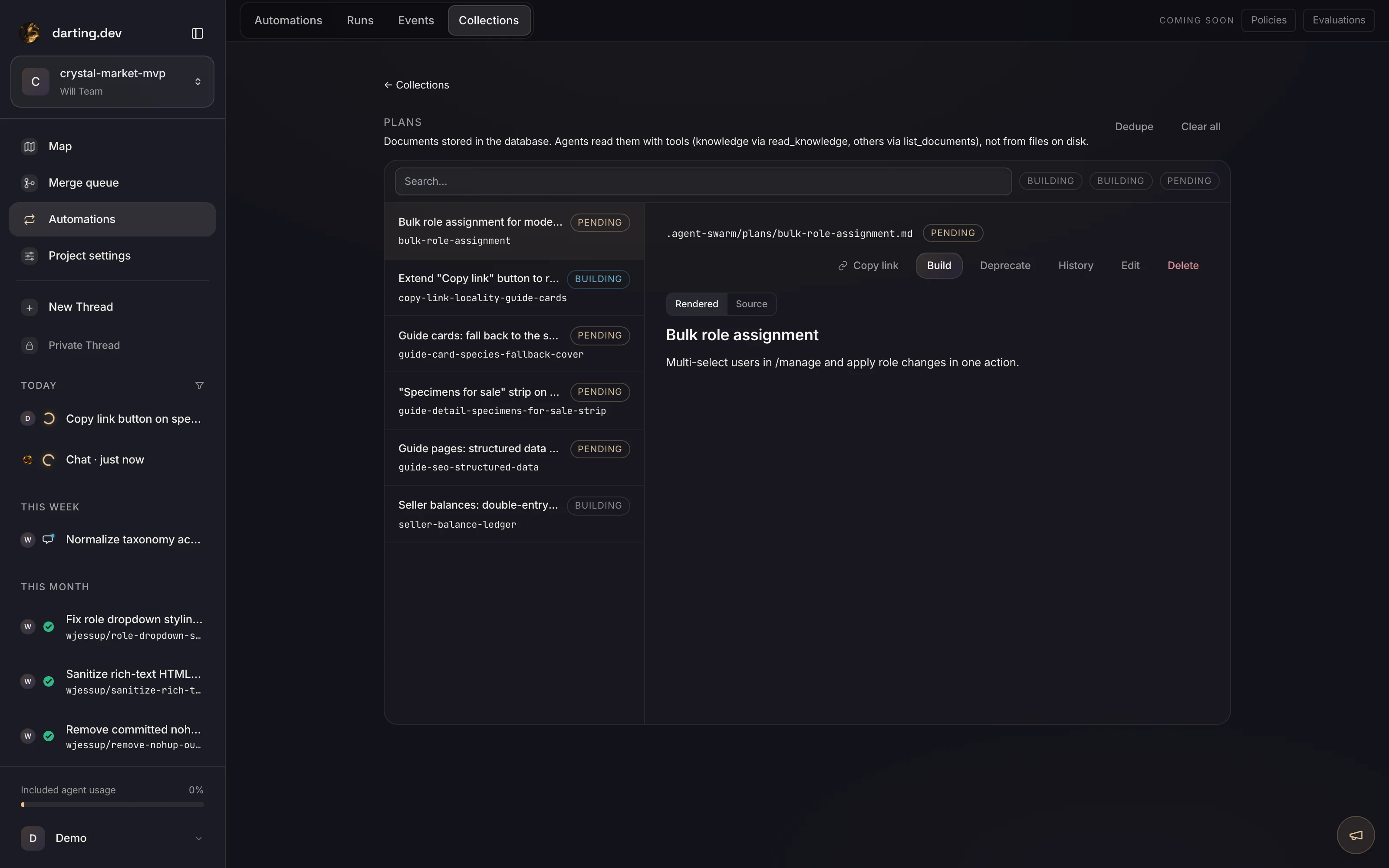 The darting.dev plans collection: versioned plan documents with pending and building statuses, each one click from being built