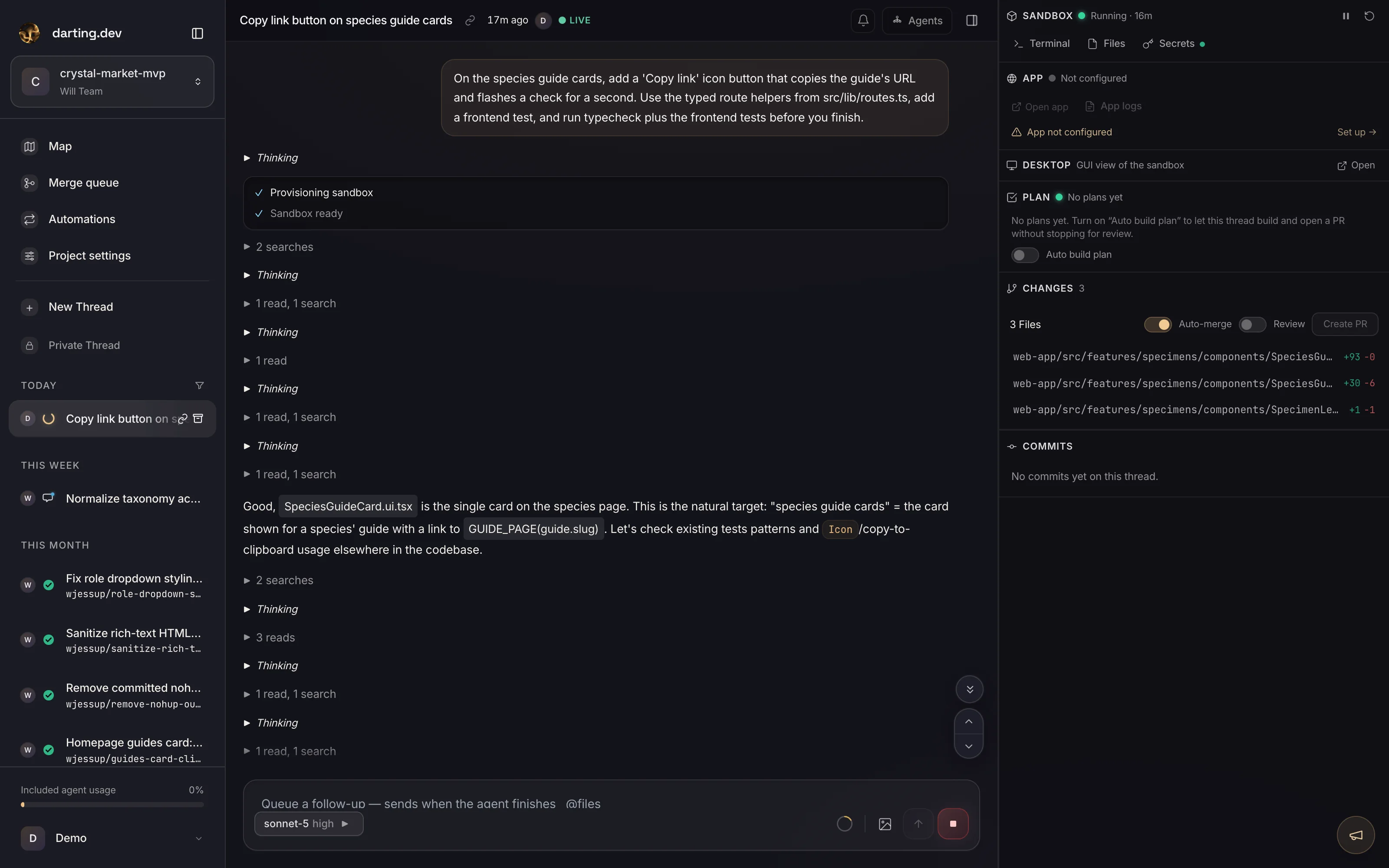 A thread booting its own sandbox: Provisioning sandbox, Sandbox ready, then the agent exploring the repo while the Changes panel tracks edits