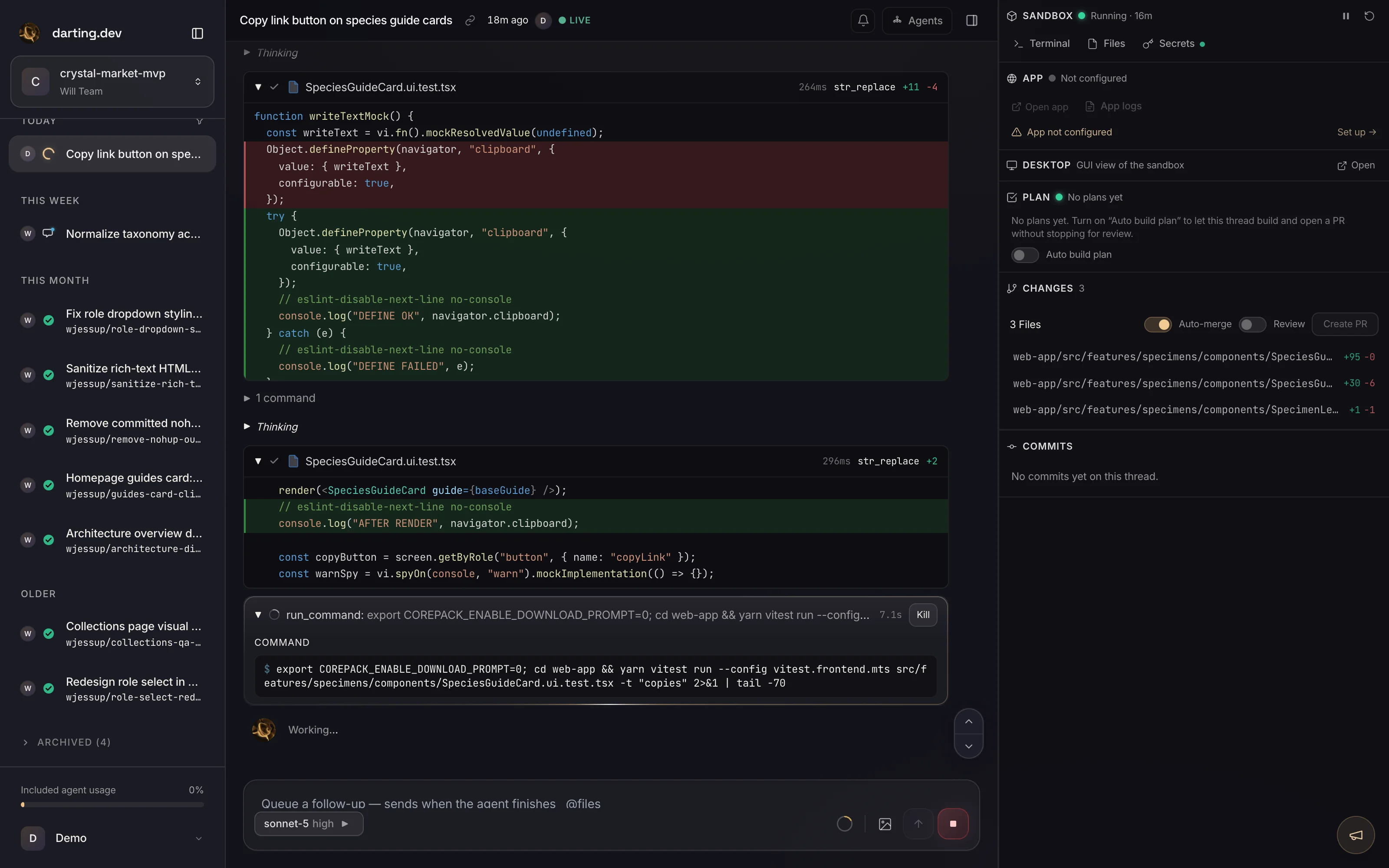 A live darting.dev thread: the agent edits components, runs the frontend test suite inside its sandbox, and every file change is tracked in the Changes panel